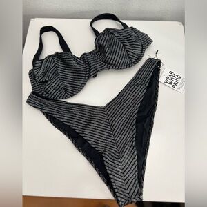 JMP The Label Metallic Silver Black Chevron Underwire Bikini Set XL New